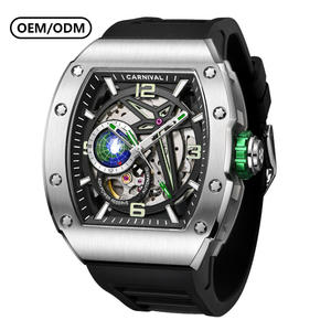 Montre mécanique de luxe CARNIVAL Tonneau avec bracelet en caoutchouc et cadran à aiguilles pour homme 42x49mm en acier inoxydable, style professionnel et tendance - Product Image 1