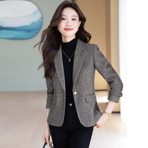 Women's <b>Wool</b> Blazer <b>Brown</b> Solid Color Anti-Wrinkle Autumn Winter 2025 Petite Style Coat - Product Image 2