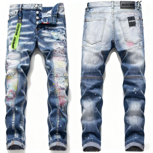 AeeDenim Vente en gros OEM Jeans droits pour hommes, style 'Penny', déchirés, avec patchs, stretch, peinture éclaboussée, panneau bleu, denim 'Beggar', écologique - Product Image 1