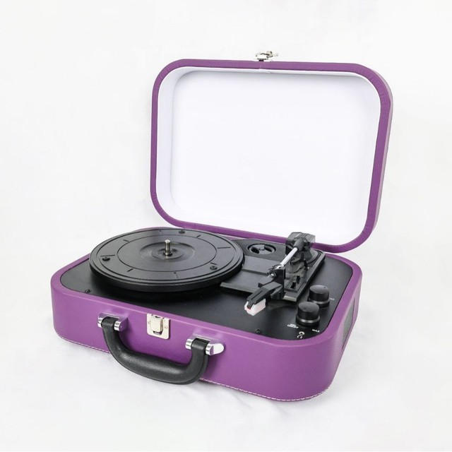 3 Speed BT Enabled Purple Portable Turntable Suitcase Style Vintage Record Player with Built-in Stereo Speakers for Home