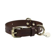 Collier pour chien en cuir robuste OEM avec logo gaufré, décorations à rivets, double anneau en D, plaque nominative vierge gravable, collier durable pour animaux de compagnie