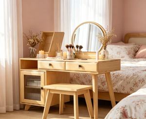 Tocador de maquillaje escandinavo de madera maciza de abedul con espejo y taburete, mesa de tocador para dormitorio con cajones de almacenamiento - Product Image 2