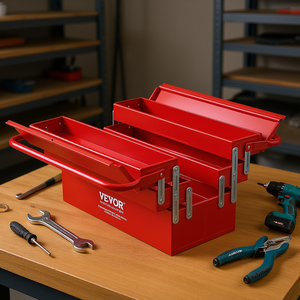 Caja de herramientas Vevor de hierro de 18 pulgadas y 3 niveles, roja, plegable, tipo cantilever, con asa, para taller - Product Image 2