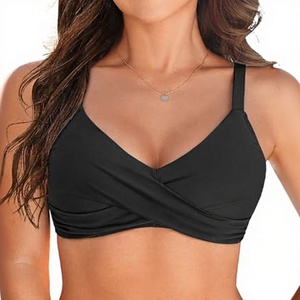 Haut de bikini rayé à col en V pour femme, 1 pièce, soutien-gorge de bain rembourré push-up, Spandex/Nylon, noir, XL - Product Image 3