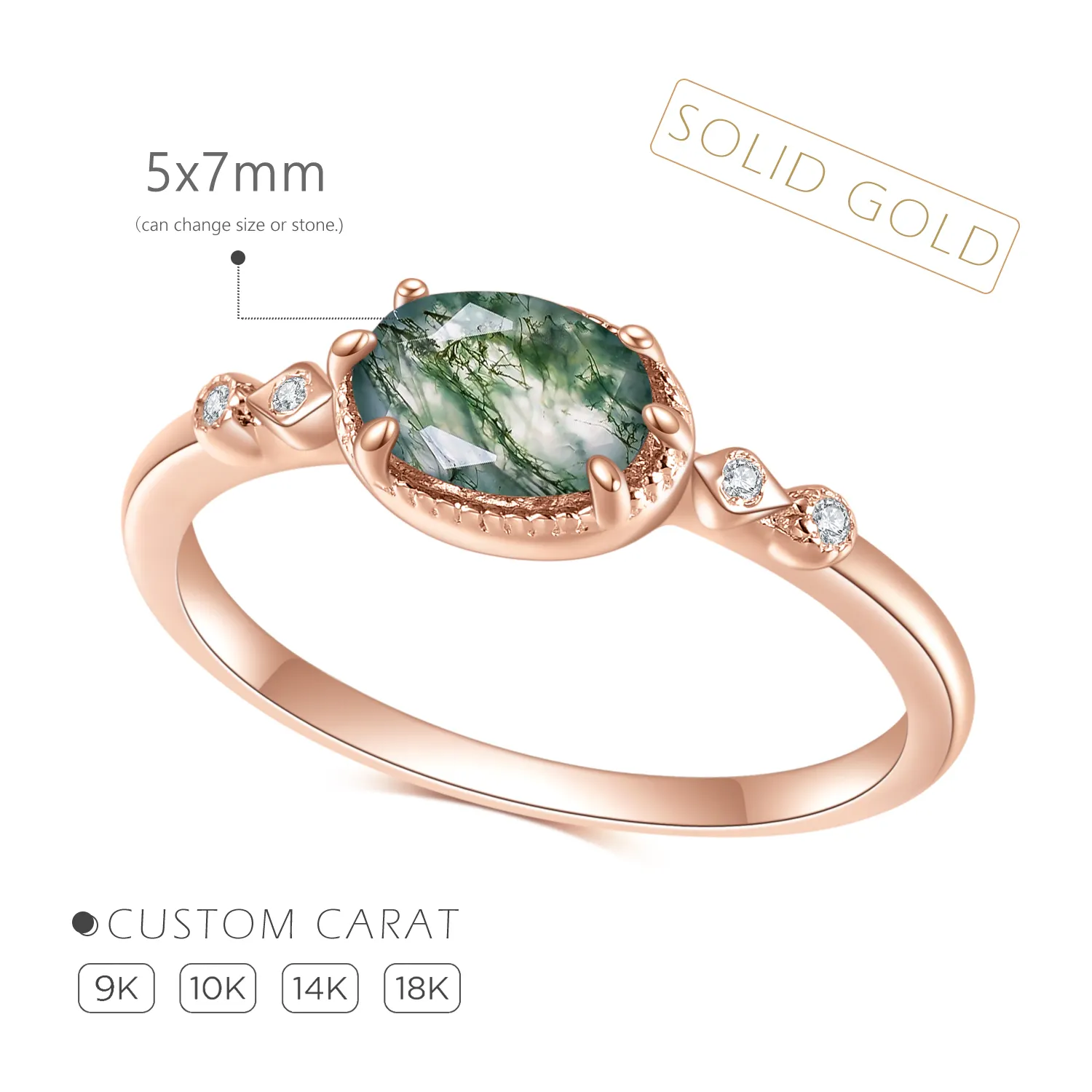 OL0899 Abiding Jewelry Custom 9K 10K 14K 18K Solid Gold Oval Cut 5x7mm Gemstone Moss Agate Ring Wholesale with Cubic Zirconia