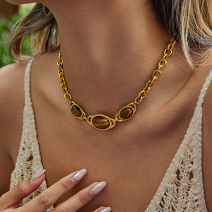Collier œil de tigre, chaîne géométrique ovale, bijoux en acier inoxydable pour femmes, cadeau, accessoire pour pull automne-hiver - Product Image 2