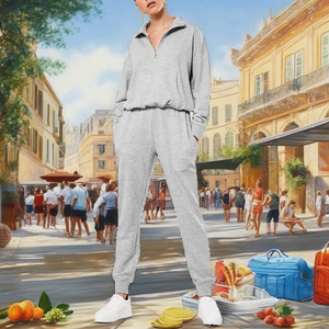 Ensemble décontracté léger en coton à manches longues 2 pièces respirant avec t-shirt à col classique et short pour femme – Collection été - Product Image 2