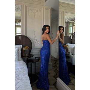 Robe de soirée en satin bleu marine Priscilla pour femme, chic, col montant, silhouette droite, longueur ras du sol, détail fente élégante, tailles XS-XL - Product Image 1