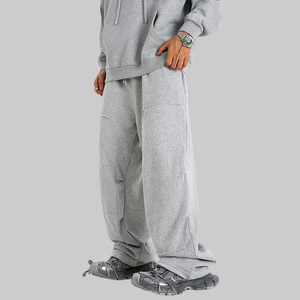 Pantalons de survêtement amples à jambes droites pour hommes, de haute qualité, en tissu French Terry, surdimensionnés, décontractés, streetwear, avec empiècements, lavés - Product Image 3