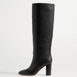 Bottes hautes pour femmes en cuir véritable, taille 46, coupe large, talons épais, bout rond, style bottines longues - Product Image 3