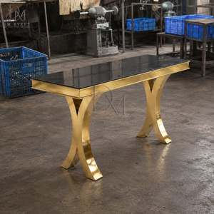 Rectangular Cocktail <b>Table</b> for Banquet Halls with Gold <b>Stainless</b> <b>Steel</b> Crossed Pedestal Base and Mirrored Tempered Glass Top - Product Image 2