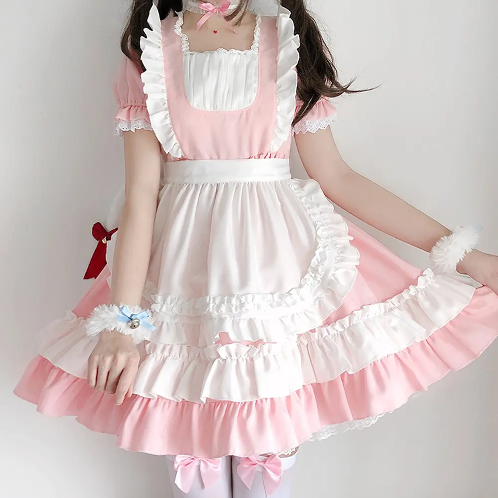 Tenue de femme de chambre Lolita rose à volants, costume Cosplay japonais Sexy, tablier quotidien, uniforme, jupe, ensemble robe de nuit Kawaii, en Stock