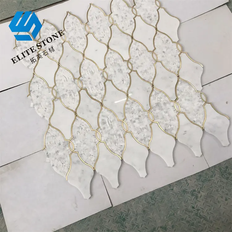 Waterjet Marble White Gold Mosaic Stick On Self Adhesive Tile For Wall Backsplash Kitchen Bathroom