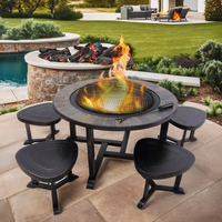 Portable 1 Table & 4 Tabourets Patio Mobilier de Jardin Extérieur Ensemble avec Bois Brûlant Sans Fumée Foyer Table À Manger et Barbecue Grill