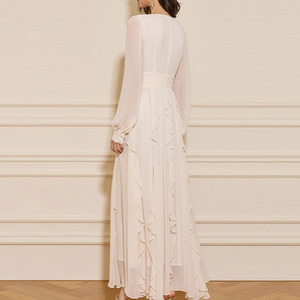 Tùy Chỉnh Thanh Lịch Sang Trọng Màu Trắng Voan Xù Cao Eo <span class=keywords><strong>V</strong></span> Cổ Dài Tay Của Phụ Nữ Ăn Mặc Giản Dị - Product Image 2