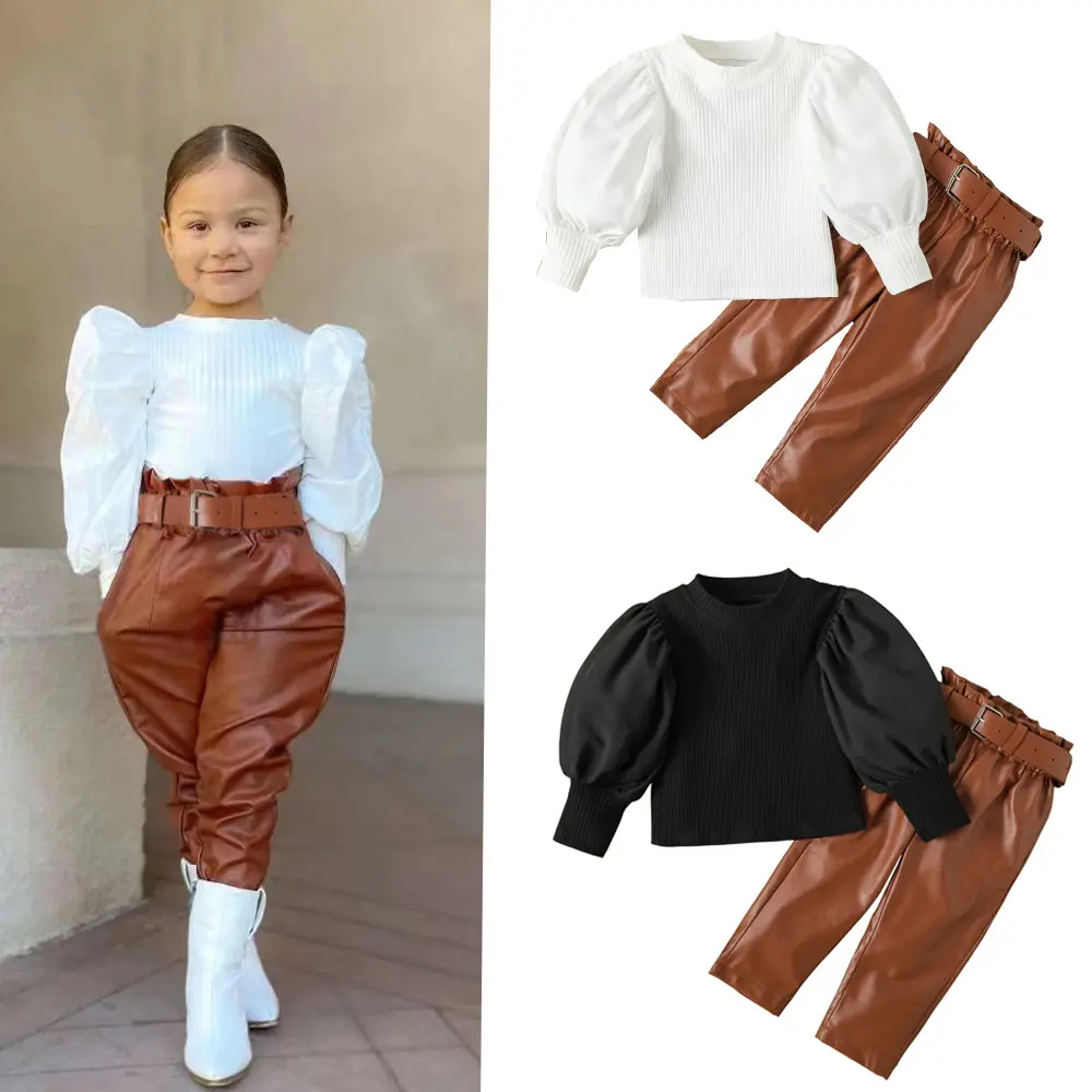 Groothandel Nieuwe Mode Kinderen Geribbeld Puff Lange Mouw Pu Lederen Broek 2 Stuks Meisjes Kleding Sets