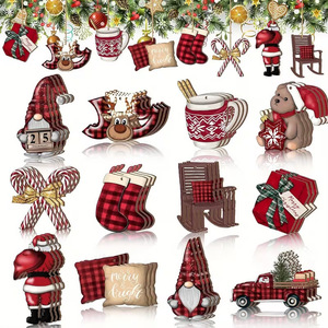 Ornements de Noël en bois à carreaux Buffalo, décorations suspendues pour sapin de Noël, pendentifs Père Noël, gnome, chaussette pour fêtes de fin d'année et décoration intérieure - Product Image 1