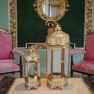 Juego de 2 farolillos de hierro marroquí de <span class=keywords><strong>Metal</strong></span> dorado, candelabro alto de Ramadán para el hogar, mesa, decoración de jardín, estilo elegante de vacaciones - Product Image 6