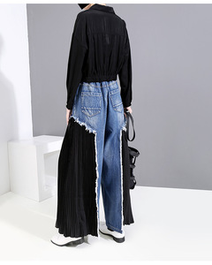 <span class=keywords><strong>Les</strong></span> Cowboys Jeans en denim à jambe large pour femmes Loose High Waist Breathable Washed Blue Pleated Black Button Decoration Vaqueros Fit - Product Image 4