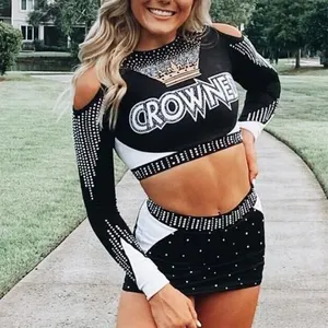 Fast Delivery Low Moq Cheer Uniform Shiny Rhinestones Cheerleader Outfit Tryout Outfit Custom Women Cheerleading Uniform Skirt