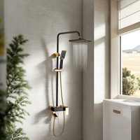 Robinet de baignoire en céramique noire brossée mate avec vannes thermostatiques, tête de douche murale effet pluie, finition chromée