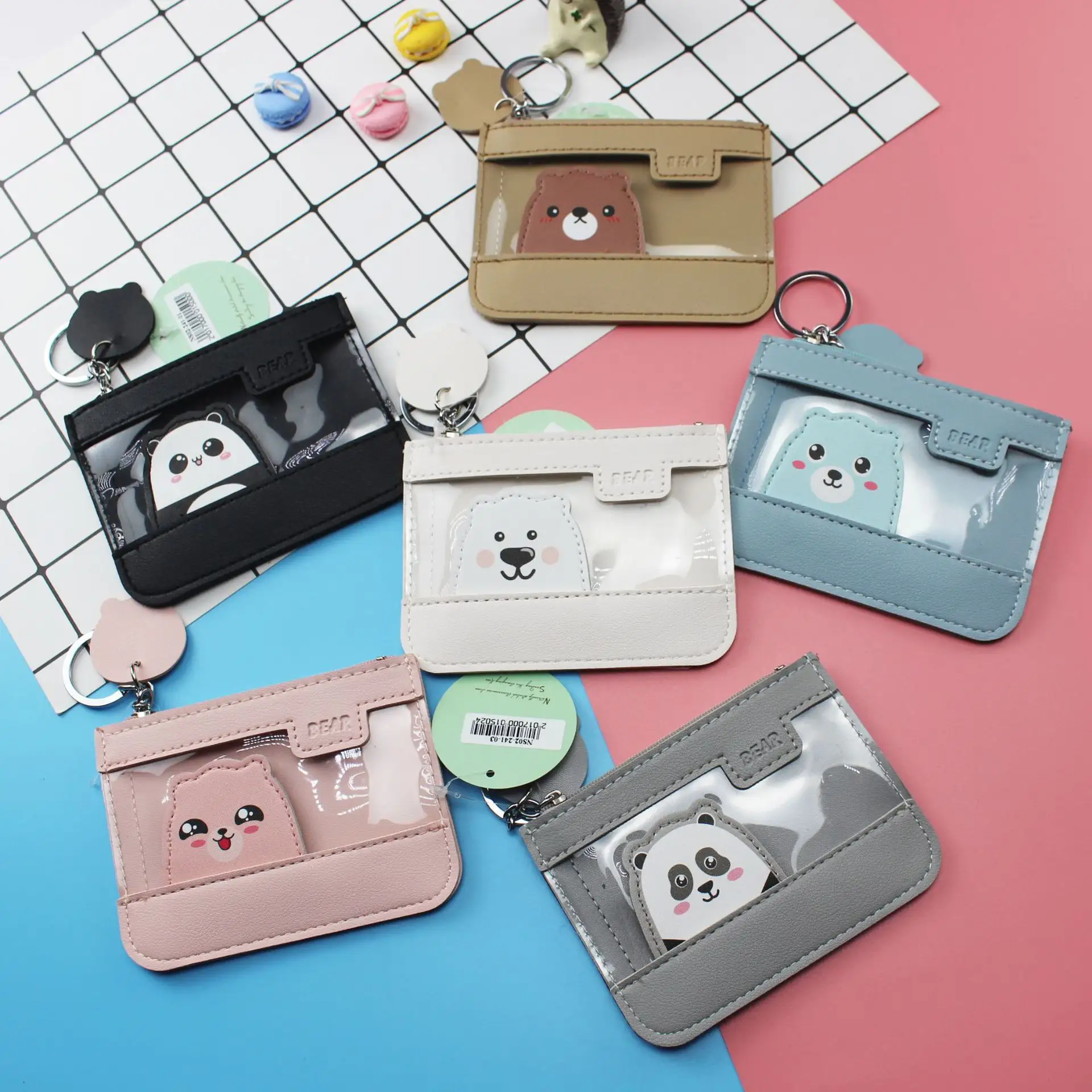 Multi functional PU/PVC cute cartoon zipper sewing mini coin changes purse bank credit card holder with key chain