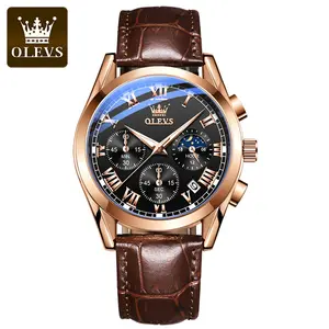 Olevs 2871นาฬิกาข้อมือผู้ชาย,นาฬิกาควอตซ์โครโนกราฟกันน้ำด้านหลังเป็นสเตนเลสสตีลนาฬิกาข้อมือหนัง