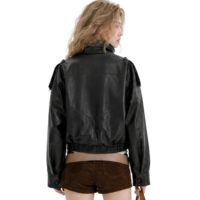 Blouson Moto Femme Noir en Similicuir Personnalisé, Col Montant Asymétrique Zippé, Col à Boutons Pression, Manteau de Motard, Vente en Gros OEM ODM