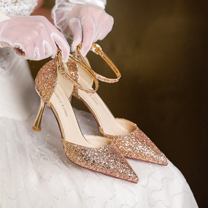 Zapatos de Novia con Tacón de Aguja, Punta Puntiaguda, Correa en el Tobillo, Cristales Brillantes, Tacones Altos de 5cm-8cm, Tallas 35-40 - Product Image 1