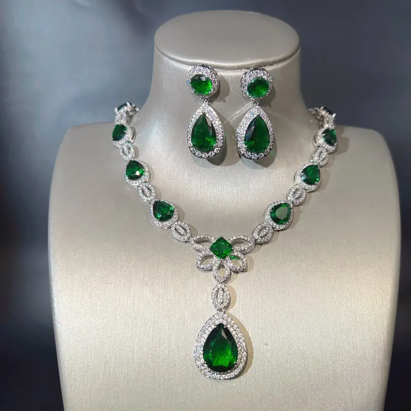 Green matching dress bride necklace earrings zircon wedding jewelry sets dinner party accessories