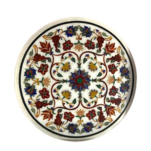 Table d'appoint ronde et octogonale en marbre blanc de luxe fabriquée à la main, design moderne avec pierres semi-précieuses incrustées pour le salon - Product Image 3