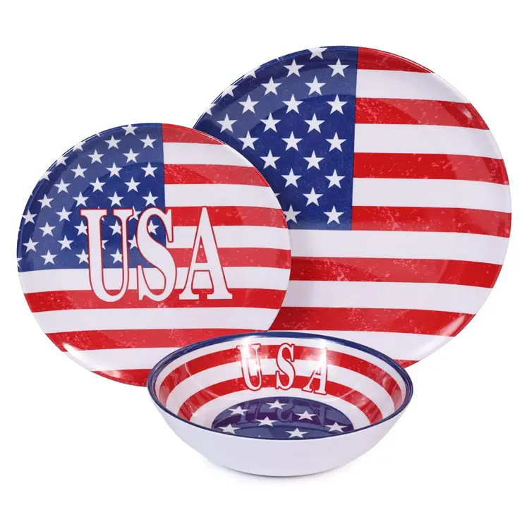 מלמין כלי אוכל סטי 12 Pcs פטריוטית האמריקנית דגל המפלגה ספקים מלמין צלחות צלחות קערות סט שירות עבור 4
