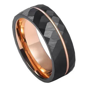 8mm Comfort Fit Design Off-Centre Black and Rose Gold Grooved Tungsten Band