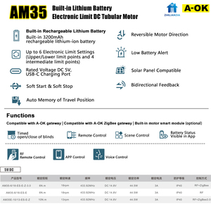 Motor Tubular Zigbee AC de 35 mm A-OK, Control por Aplicación Tuya Smart Gateway, Motor para Persianas Enrollables, Accionamiento Silencioso para Hogar y <span class=keywords><strong>Hotel</strong></span>, OEM - Product Image 5