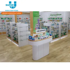 定制批发药房商店室内设计高品质木质货架展示柜设计用于医疗商店装饰
