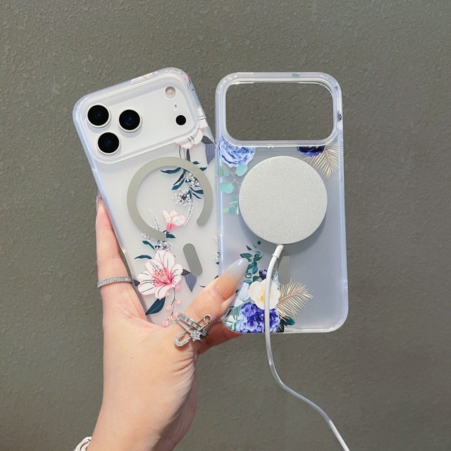 Floral Frosted Skin Feel Phone Case for iPhone 17 Pro Max 16 15 14 13 Magnetic Wireless Charging TPU Shockproof Cover