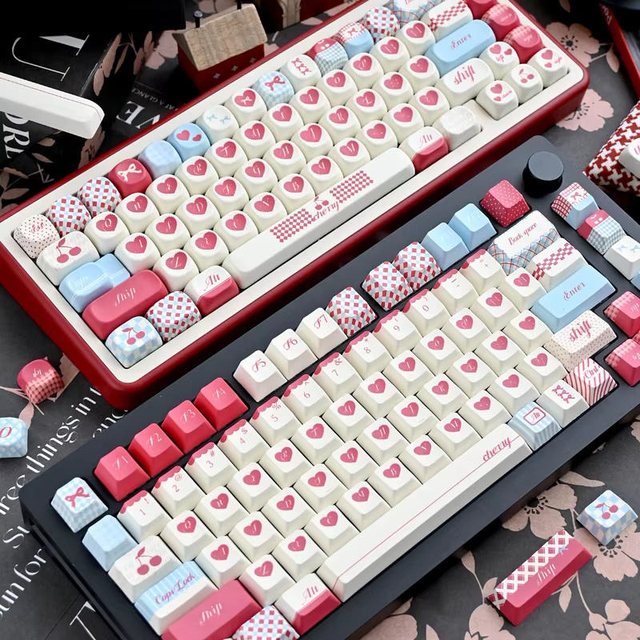 Cherry/M-oa Profile Mint Cherry Valentine's Day Theme Keycaps Rounded PBT Sublimation 132Keys for Mx Switch Mechanical Keyboard