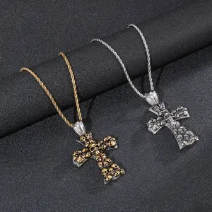 SC Halloween Cross Pendant Long Chain Necklace Cross Skulls Necklace Punk Jewelry Stainless Steel Cross Pendant Necklace for Men