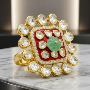 Luxury 925 Silver Kundan Floral <b>Ring</b> <b>Gold</b> Adjustable Statement Jewelry for Women Party Wear Fashion Style - Product Image 1