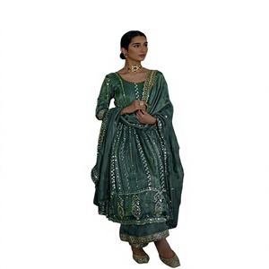 Green Indian Pakistani <b>Suit</b> <b>Women's</b> Floor-Length Loose Fit Embroidered Dress Wedding Wear - Product Image 1