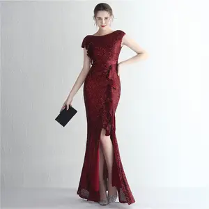 Custom Leg Open Slit Knitted Ruffled Red Party dress Evening robe demoiselle dhonneur en satin