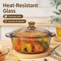 Casserole en verre cristal résistant à la chaleur avec couvercle et double poignée, compatible lave-vaisselle, pour soupes et ragoûts, chauffe-plats domestique, style européen