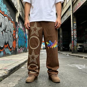 ODM Manufacturer Custom Men's Screen Sweat Print Rhinestone Loose Streetwear Pants Graffiti Print Casual Straight Sweatpants - Product Image 3