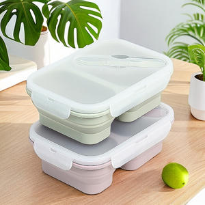 Boîte à lunch pliable en silicone avec cuillère et fourchette, anti-fuite, sans BPA, empilable, pour le bureau, l'école, les voyages, le camping, micro-ondes - Product Image 1