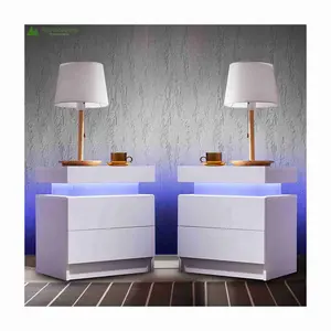 Mesita de noche blanca universal un juego de 2 mesitas de noche LED, cajón de muebles de dormitorio de sala de estar con mesita de noche de luces LED