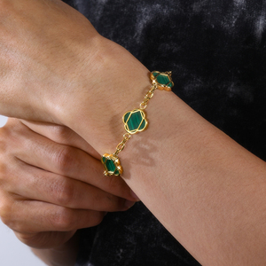 Trendy <b>Men</b> Malachite Link Bracelet 18K Gold White Gold Plated Stainless Steel Fine Jewelry Adjustable Clover Bracelet - Product Image 4