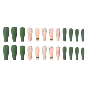 Lot de 24 faux <span class=keywords><strong>ongles</strong></span> longs <span class=keywords><strong>vert</strong></span> <span class=keywords><strong>olive</strong></span> à presser, motifs fleurs de cerisier et strass, en ABS pré-dessinés - Product Image 5