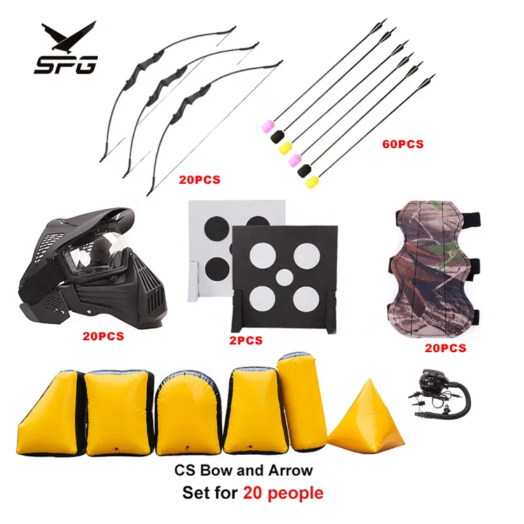 SPG CS Archery Tag Set Recurve Bow Inflatable Paintball Bunkers Foam Arrows Target Safety Combat Equipment for 20 People