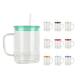 Tasses à café en verre dépoli transparent de 15 oz avec logo personnalisé, sublimation, poignée et couvercle coloré - Product Image 1