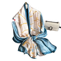 Syal Sutra Motif Teal Modern dan Cabang Bambu 90cm Persegi Satin Hijab Wanita Muslim untuk Ikat dan Lilit Bahu